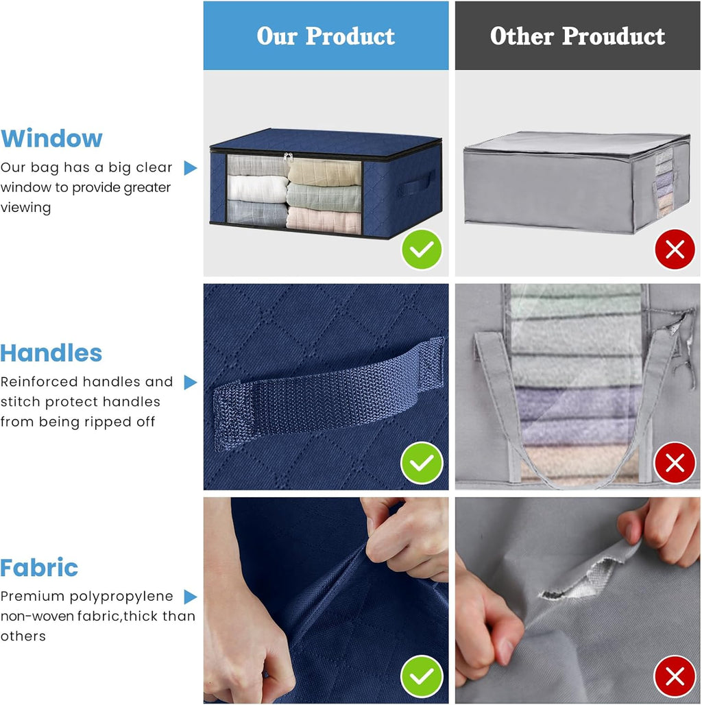 HomeHacks Storage 3-Pack Clothes Organizer Storage Bags Foldable Storage Box with Large Clear Window Sturdy Handles for Closet, Dorm, Pillows, Bedding, Clothes, Blankets, 35L, Blue