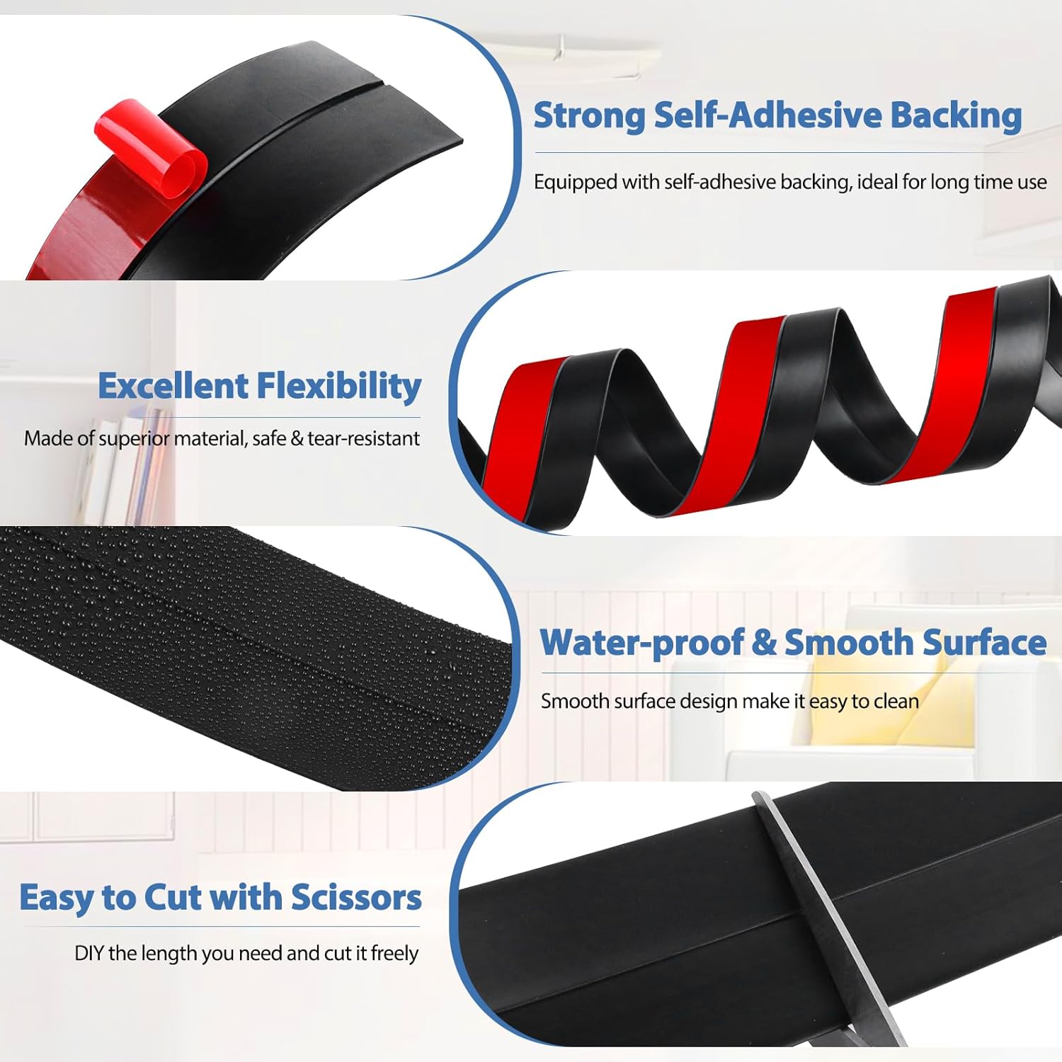 Weather Stripping Door Draft Stopper Flexible Self Adhesive Silicone Door Seal Strip for Glass Doors Windows and Shower Glass Gaps, 2 Inch Wide X 20 Feet Long, Black