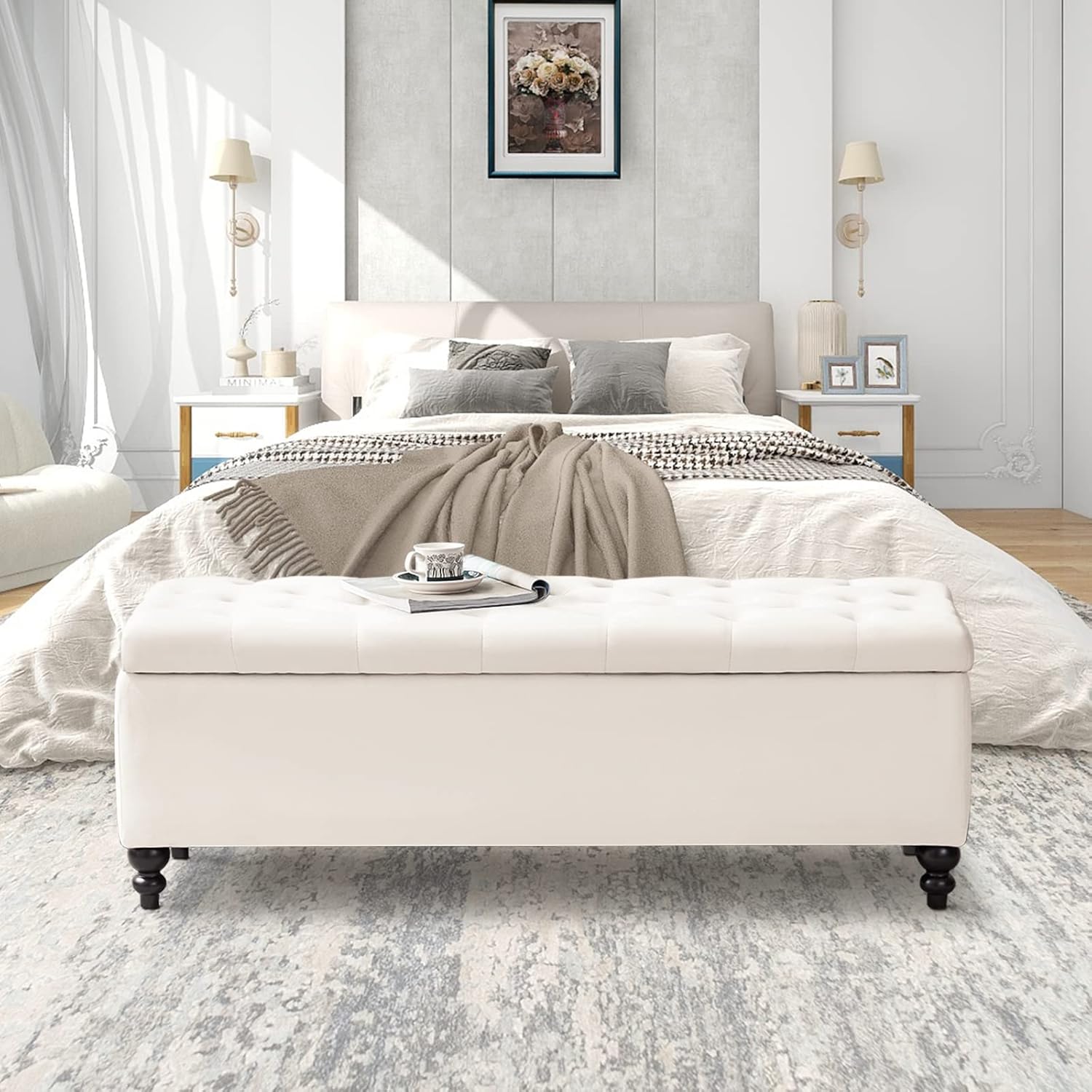 Living&Giving Storage Ottoman 50.2 Inches Upholstered Fabric Storage Ottoman Bench，Button Tufted Ottoman with Storage for Living Room，Bedroom End of Bed Bench Withstands 304lbs (Ivory-TP)