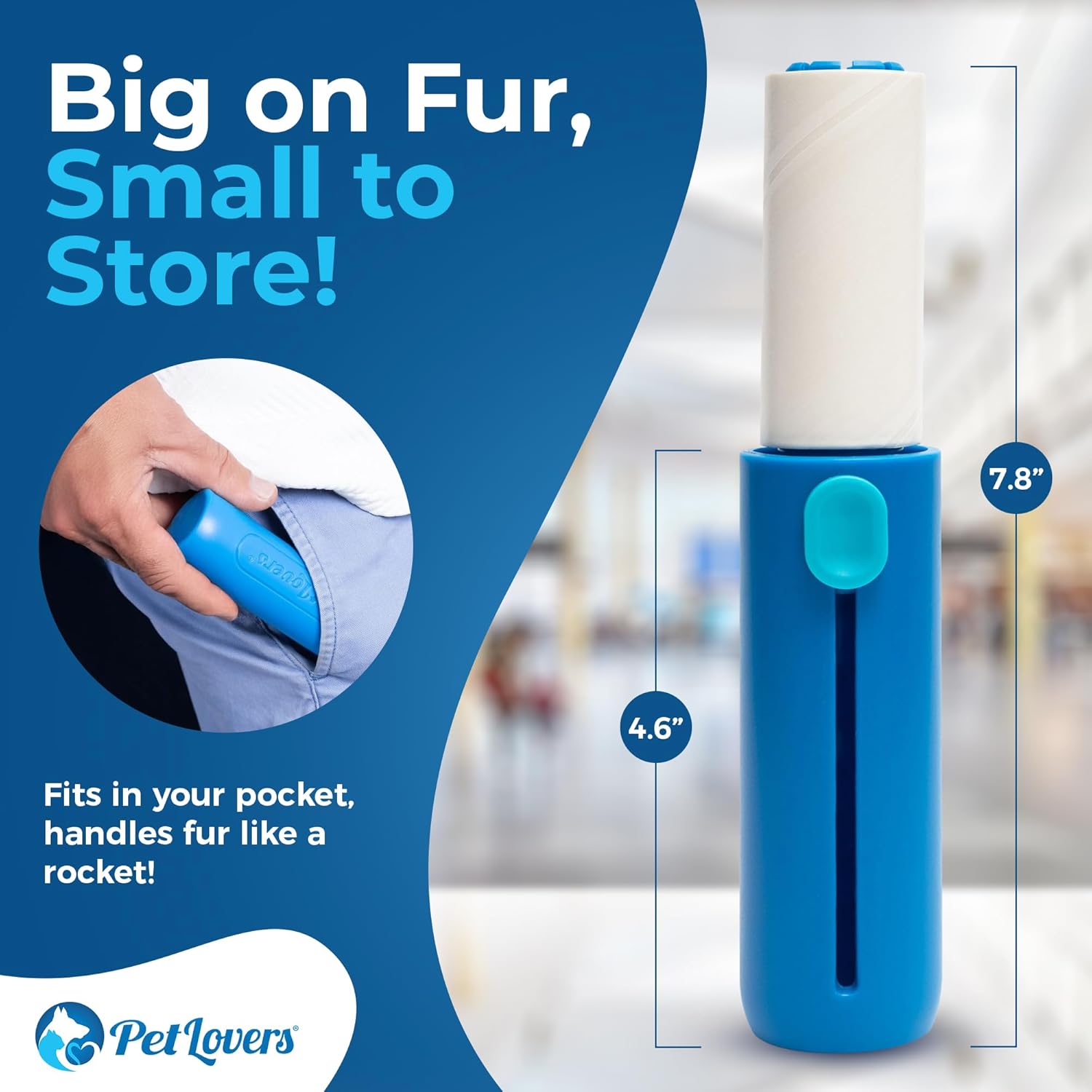 PetLovers Mini Lint Roller Travel Size 50 Sheets – Compact pet Hair Remover for Dog and cat Fur. Lightweight Design Ideal for Clothes Furniture and car. Perfect for Quick and Easy on The go Cleaning