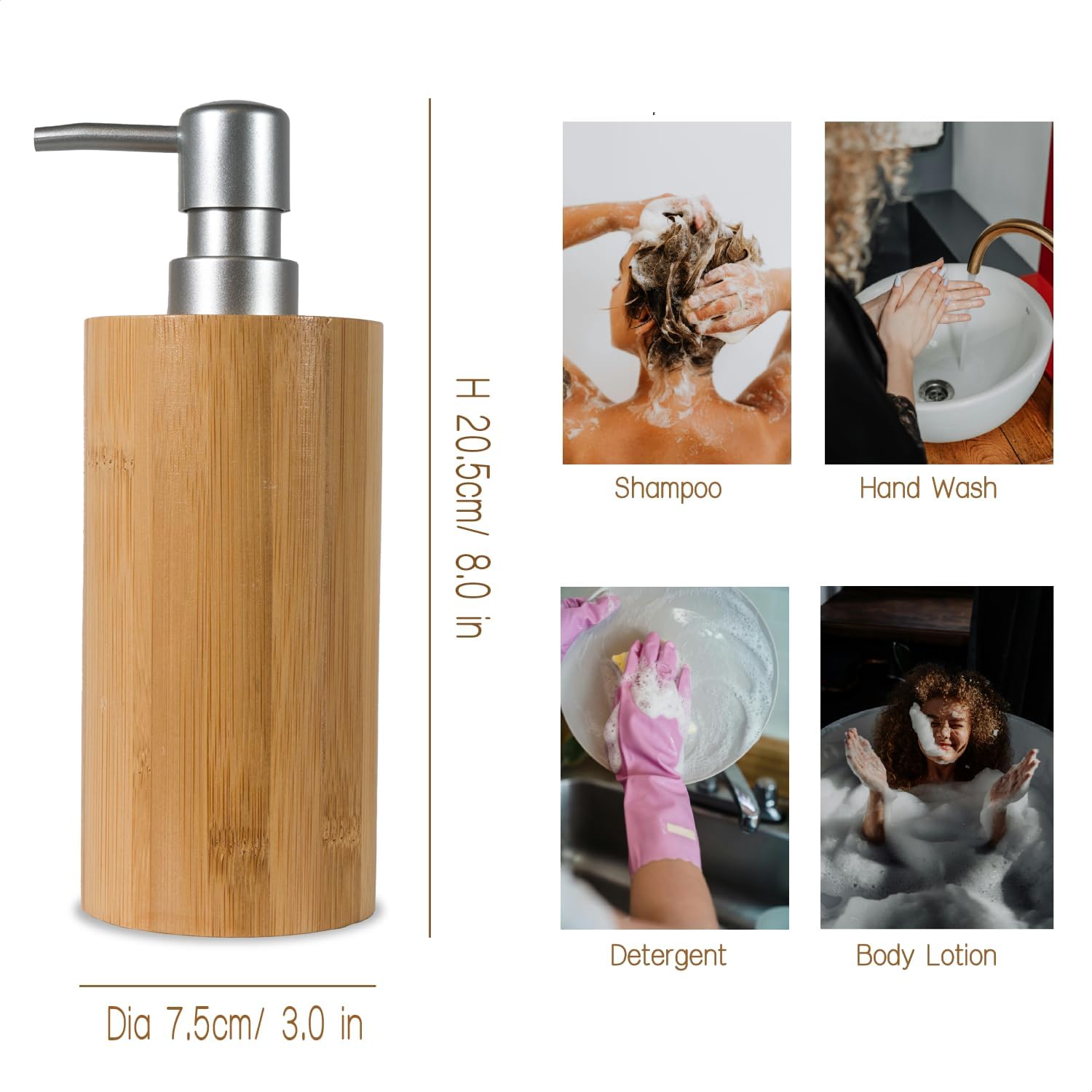 Natural Bamboo Liquid Soap Dispenser, 10 oz with Silver Plastic Pump, Refillable Hand Soap Dispenser for Bathroom or Kitchen