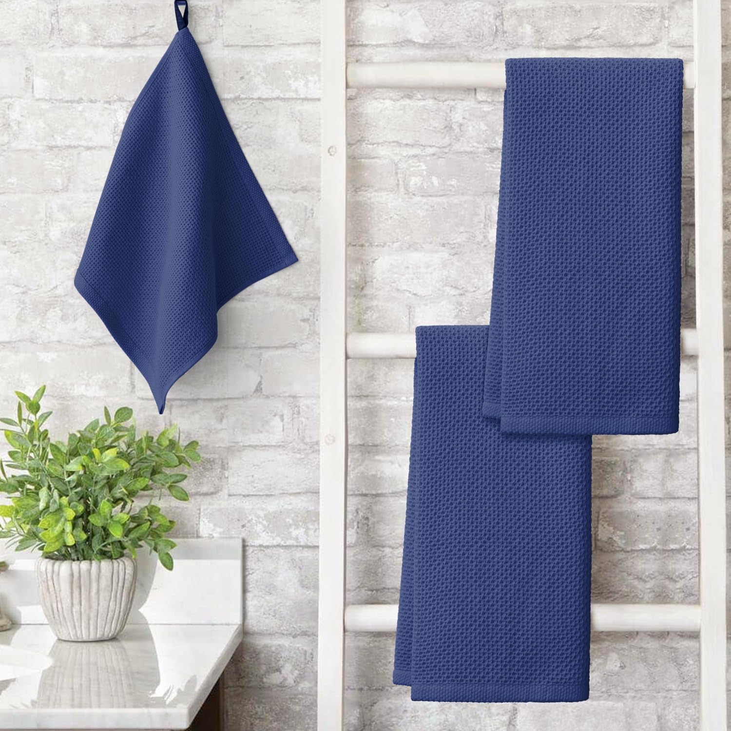 Artoid Mode 100% Cotton Navy Blue Waffle Weave Kitchen Dish Cloths, 13x28 Inch Ultra Soft Absorbent Quick Drying Kitchen Dish Towels Set of 4