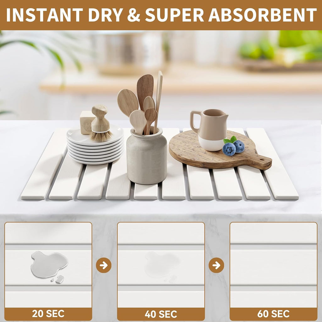 Large Stone Dish Drying Mats for Kitchen Counter,23.6''x15.3'' Foldable Quick Dry Stone Mat Kitchen,Eco-Friendly,Absorbent Diatomaceous Earth Mats for Dishes Bottles Cups Bathroom Any Countertop-White
