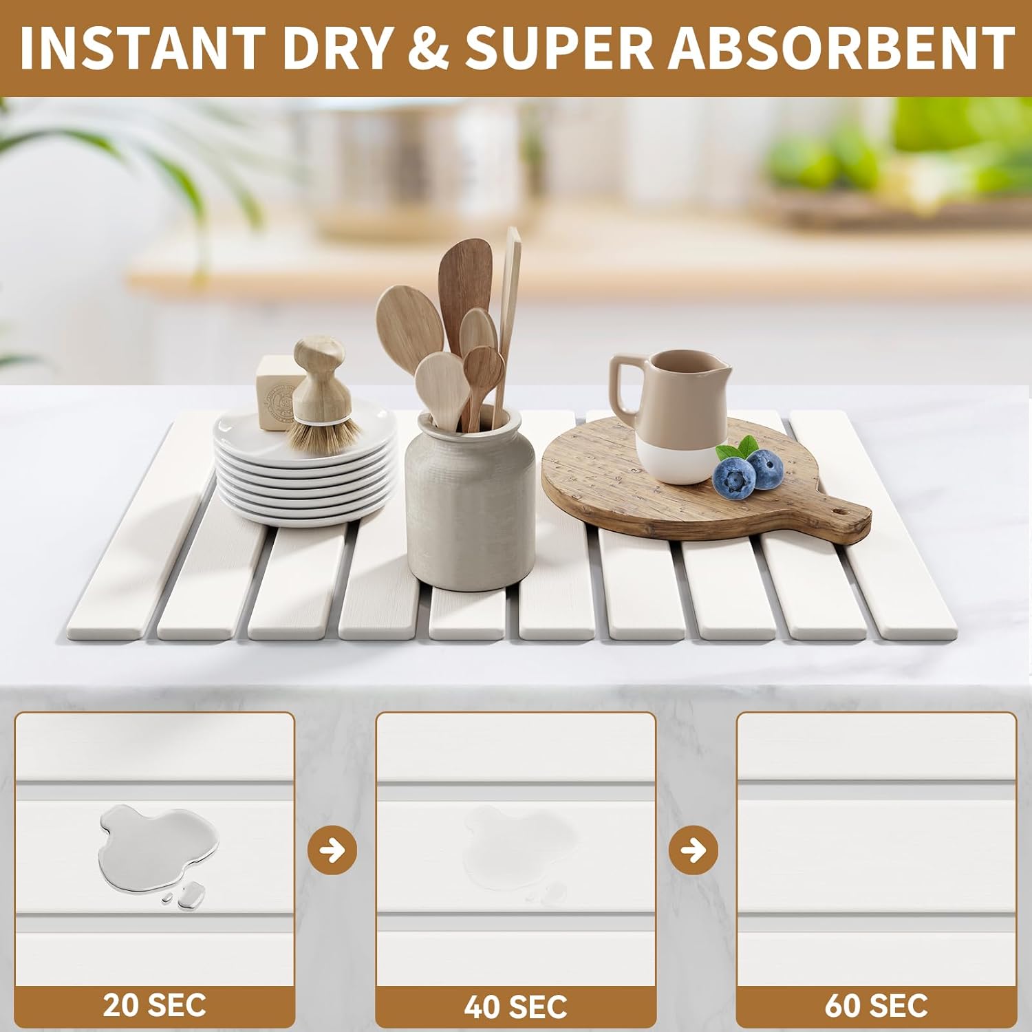 Large Stone Dish Drying Mats for Kitchen Counter,23.6''x15.3'' Foldable Quick Dry Stone Mat Kitchen,Eco-Friendly,Absorbent Diatomaceous Earth Mats for Dishes Bottles Cups Bathroom Any Countertop-White