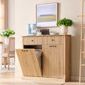 Modern Double Tilt-Out Trash Cabinet, 20 Gallon Fluted Laundry Hamper Cabinet with 2 Drawers, Wooden Hidden Garbage Can Cabinet with Storage Basket for Kitchen & Living Room, Natural Oak