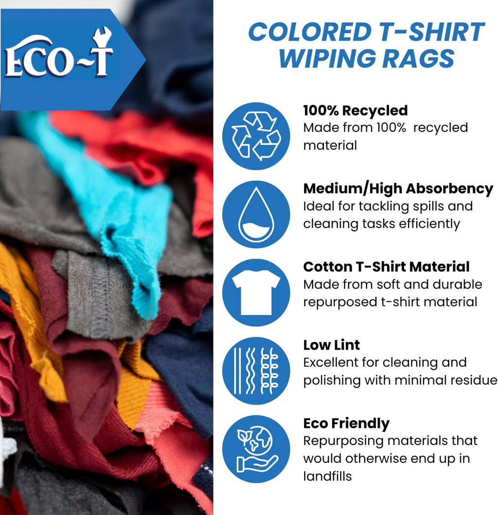 10 Lb Box Eco-T Mechanic Shop Rags - Colored T-Shirt Material, 100% Recycled, Eco-Friendly, High Absorbency, Low Lint, Low-Cost, Industrial Use Wiping Cloth