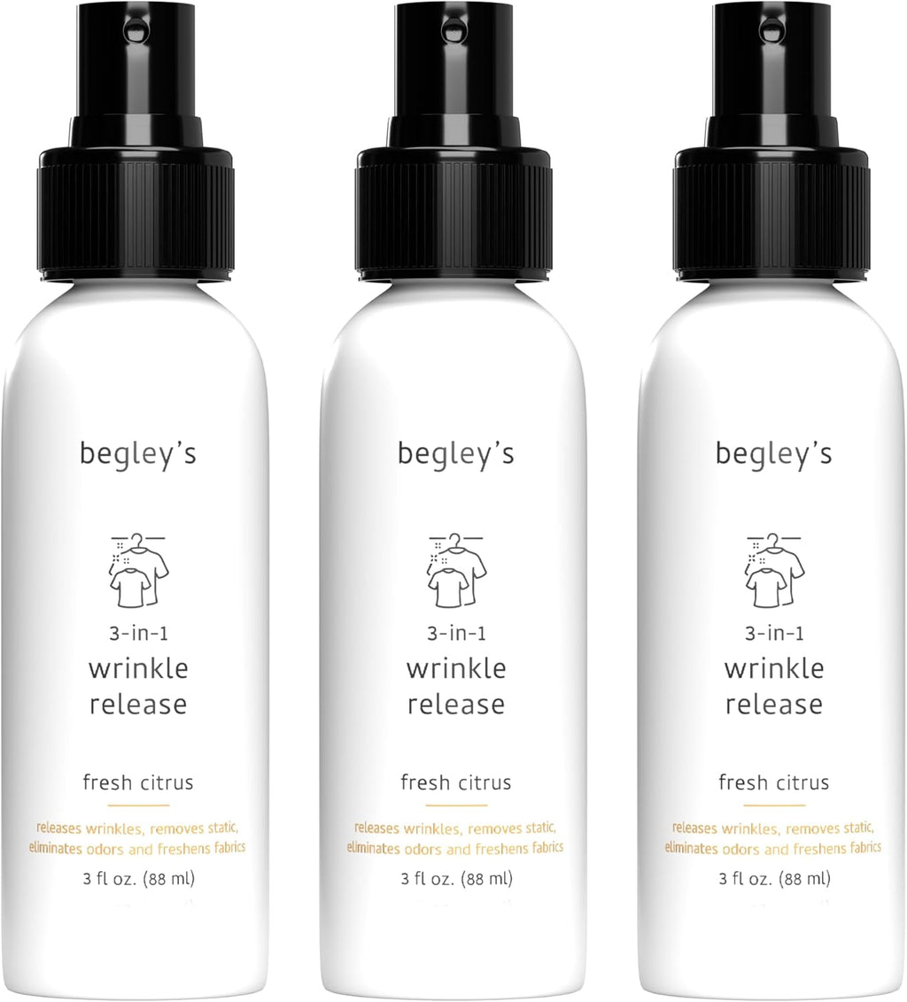 Begley's 3-in-1 Wrinkle Remover, Quick Fix Wrinkle Release, Static Cling Remover, Odor Eliminator and Fabric Refresher Spray - USDA Certified Biobased - Citrus, 3 oz Travel Size