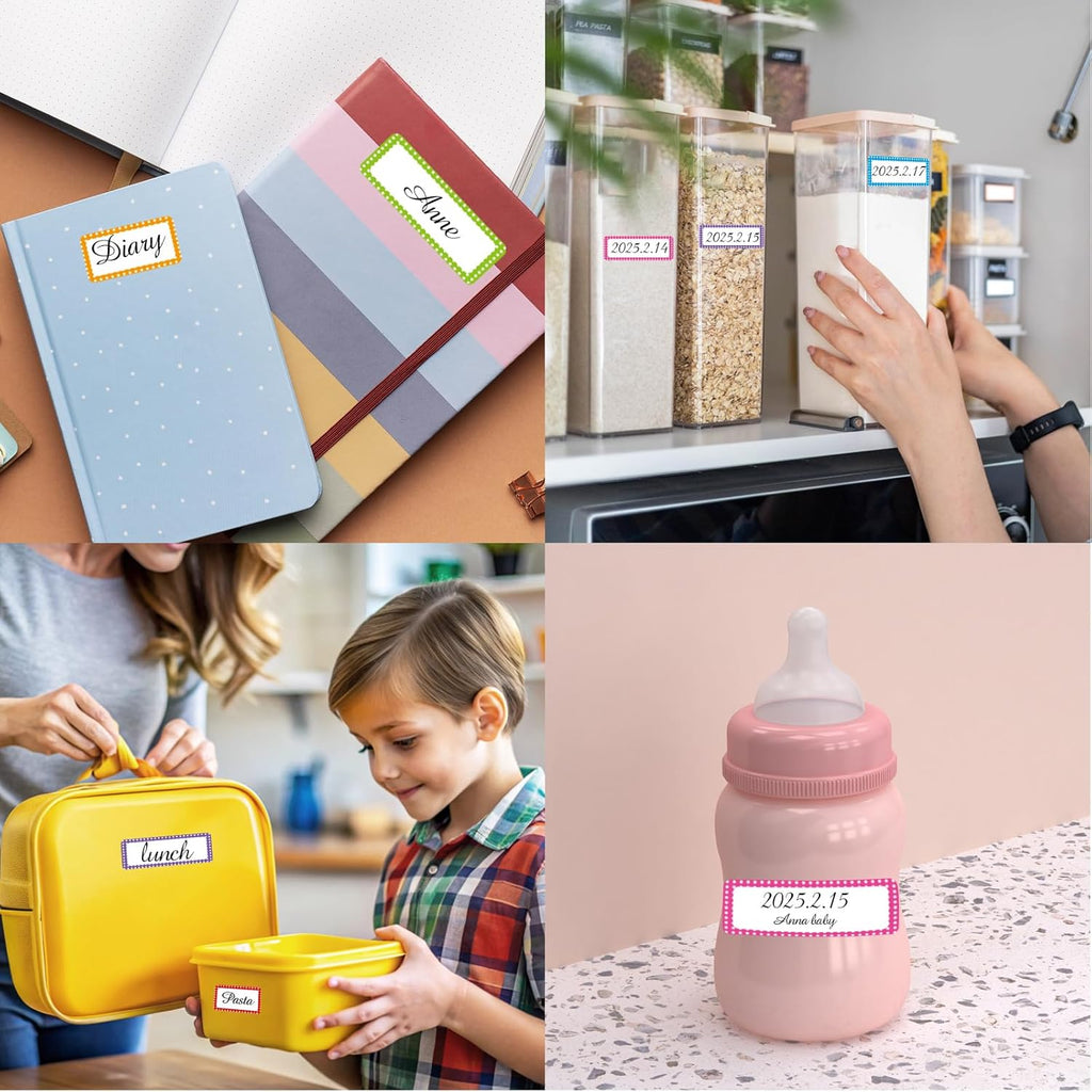 Removable Colored Labels Stickers, Self-Adhesive Rectangular Stickers Star Border Water/Oil/Tear Resistant for Storage/Classroom/Home (2 Size, 300 Labels)