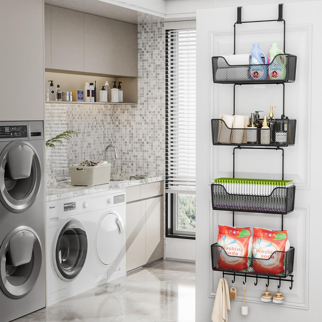HapiRm Over The Door Organizer - Hanging Door Organizer with 4 Metal Large Capacity Baskets and Adjustable Coat Hook for Bathroom Bedroom Kitchen Pantry Closet Cabinet