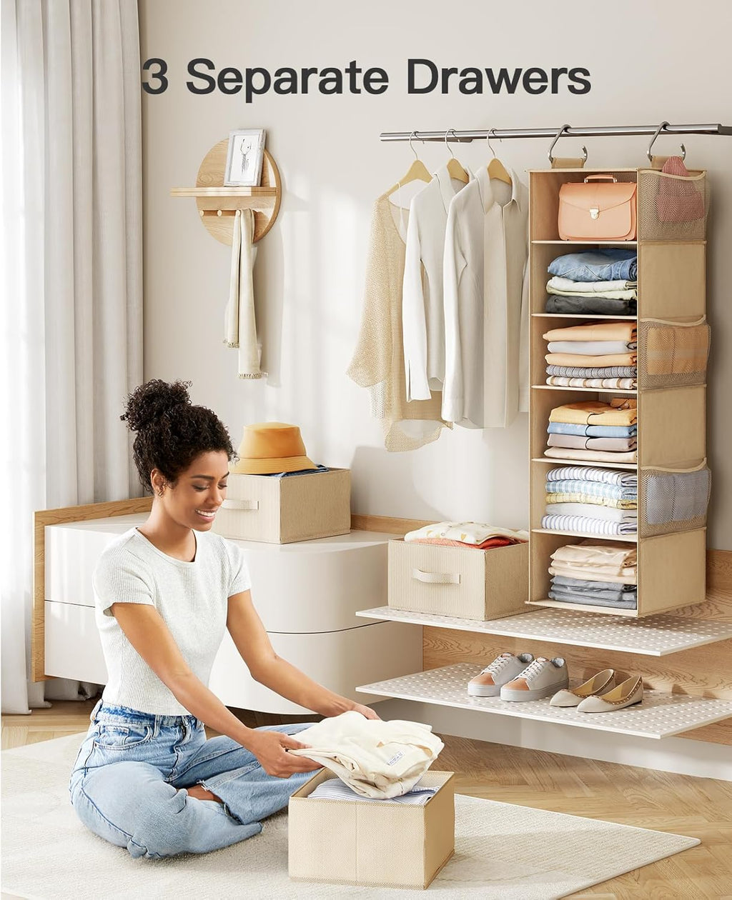 Pipishell Hanging Closet Organizer 6-Shelf, Hanging Shelves for Closet with 3 Removable Drawers & Side Pockets, Hanging Shelf Organizer for Bedroom or Garment Rack, 12'' x 12'' x 43.3'', Beige