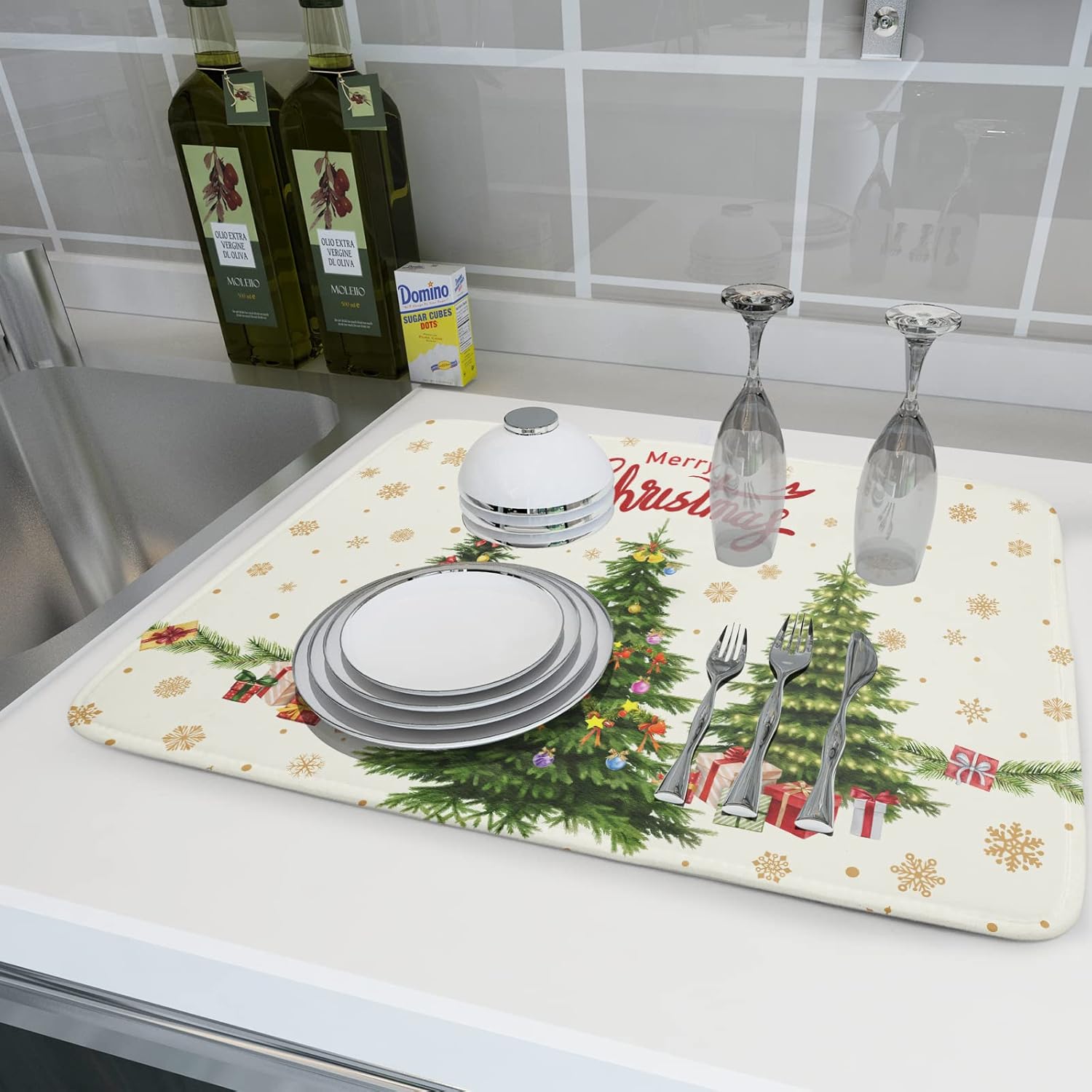 Christmas Tree Dish Drying Mat 18x24 for Winter Xmas Tree Snowflake Kitchen Counter Decor Absorbent Reversible Microfiber Xmas Tree Dishes Pad Dish Drainer Rack Mats Kitchen Accessories