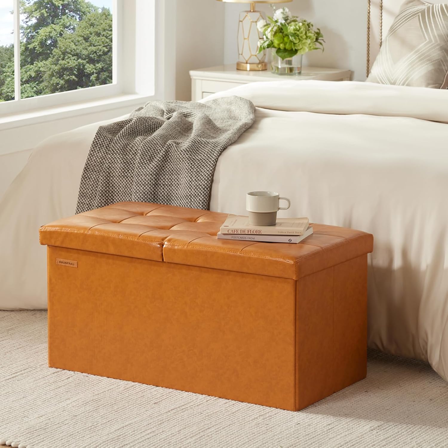 HAUSFRAU - 30 Inches Storage Ottoman Bench with Flipping Lid, Foldable Storage Chest Foot Rest for Living Room, Bedroom, Entryway, Load 660 lb, Synthetic Leather, Cognac Brown