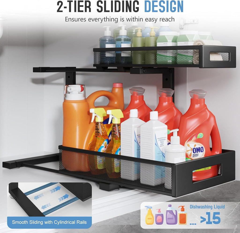 1 Pack 17IN Depth Under Sink Storage Organizer, Large 2-Tier Elegant Mesh Pull Out Shelf for Kitchen and Bathroom Cabinet Organization, L-Shaped and Adjustable Height Design-Black