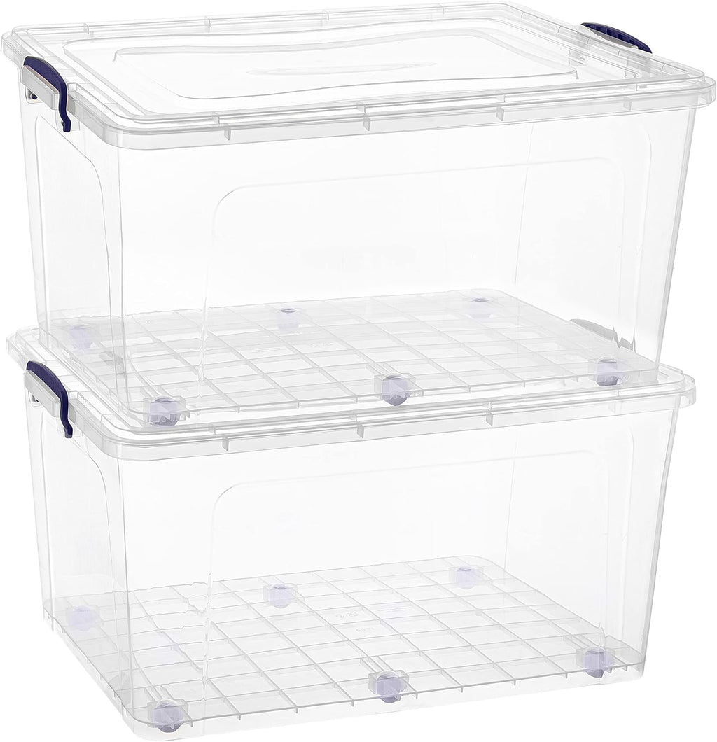 Superio Clear Storage Boxes with Wheels (2 Pack), 85 Qt Heavy Duty Containers with Lids, Stackable Rolling Bins for Home, Garage, Closet Organization- Linen, Tools, Clothing, Supplies