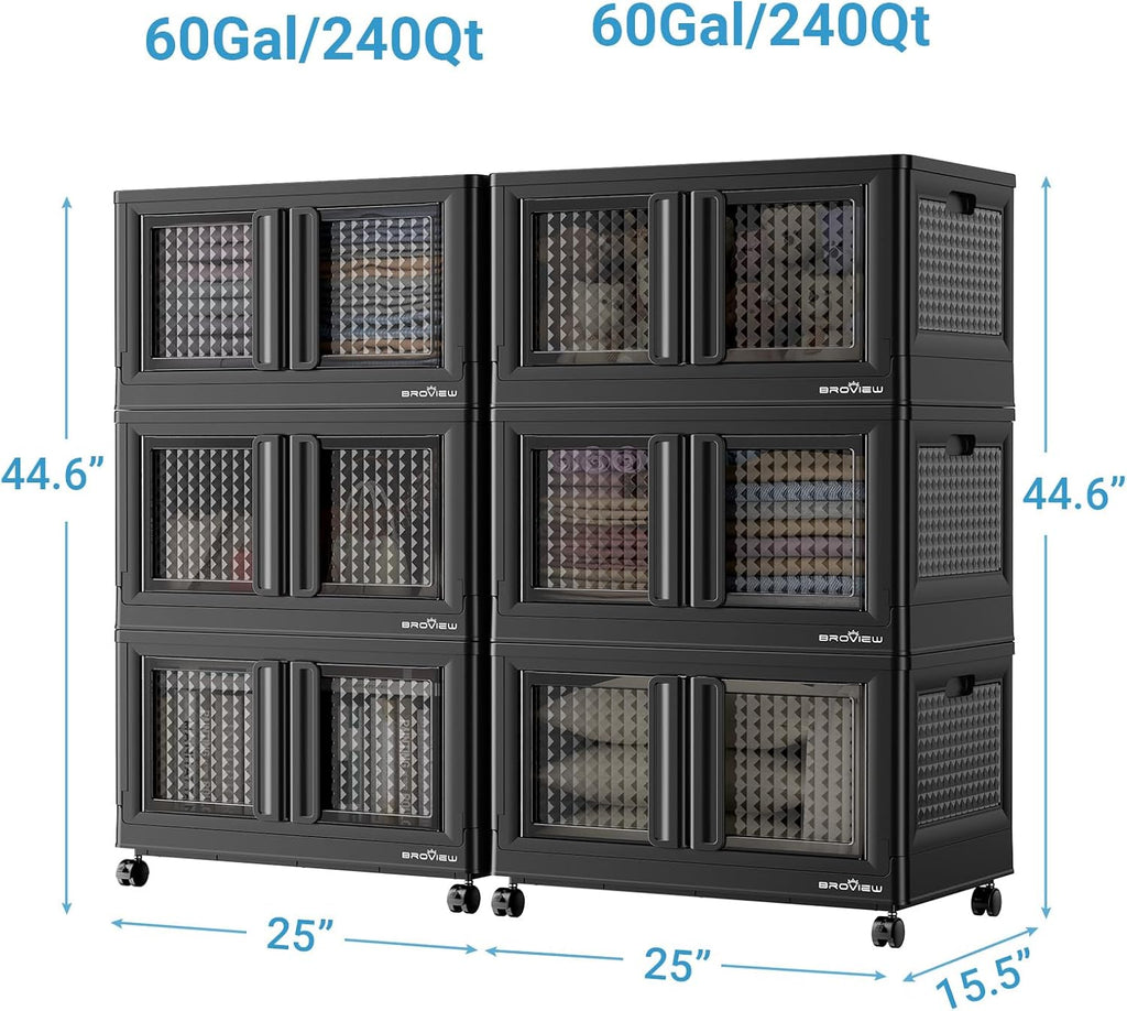 BROVIEW 120Gal Stackable Storage Bins with Lids & Wheels, 480Qt Plastic Collapsible Closet Organizer and Storage Drawers, Storage Boxes Cabinets for Home, Office, 6 Pack, Black