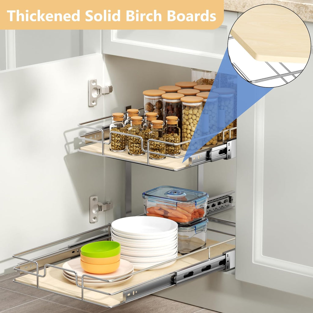 ROOMTEC 2 Tier Individual Pull Out Cabinet Organizer 10½"W x 21½"D, Slide Out Wood Shelves Organizers, Pull Out Drawers Organization and Storage for Kitchen Cabinet