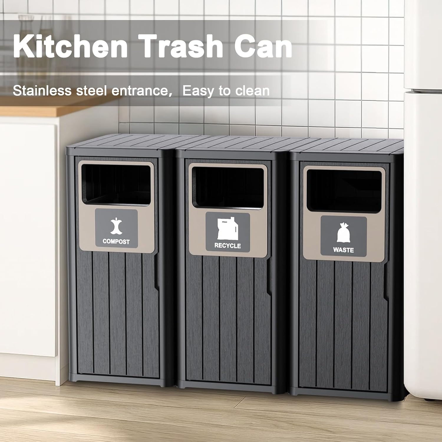 Outdoor Three Barrel Trash Can,Waterproof Resin Garbage Can with Garbage Labels,Durable Waste Bin for Porch, Backyard,Kitchen,for 30 to 39 Gallon Trash Bags