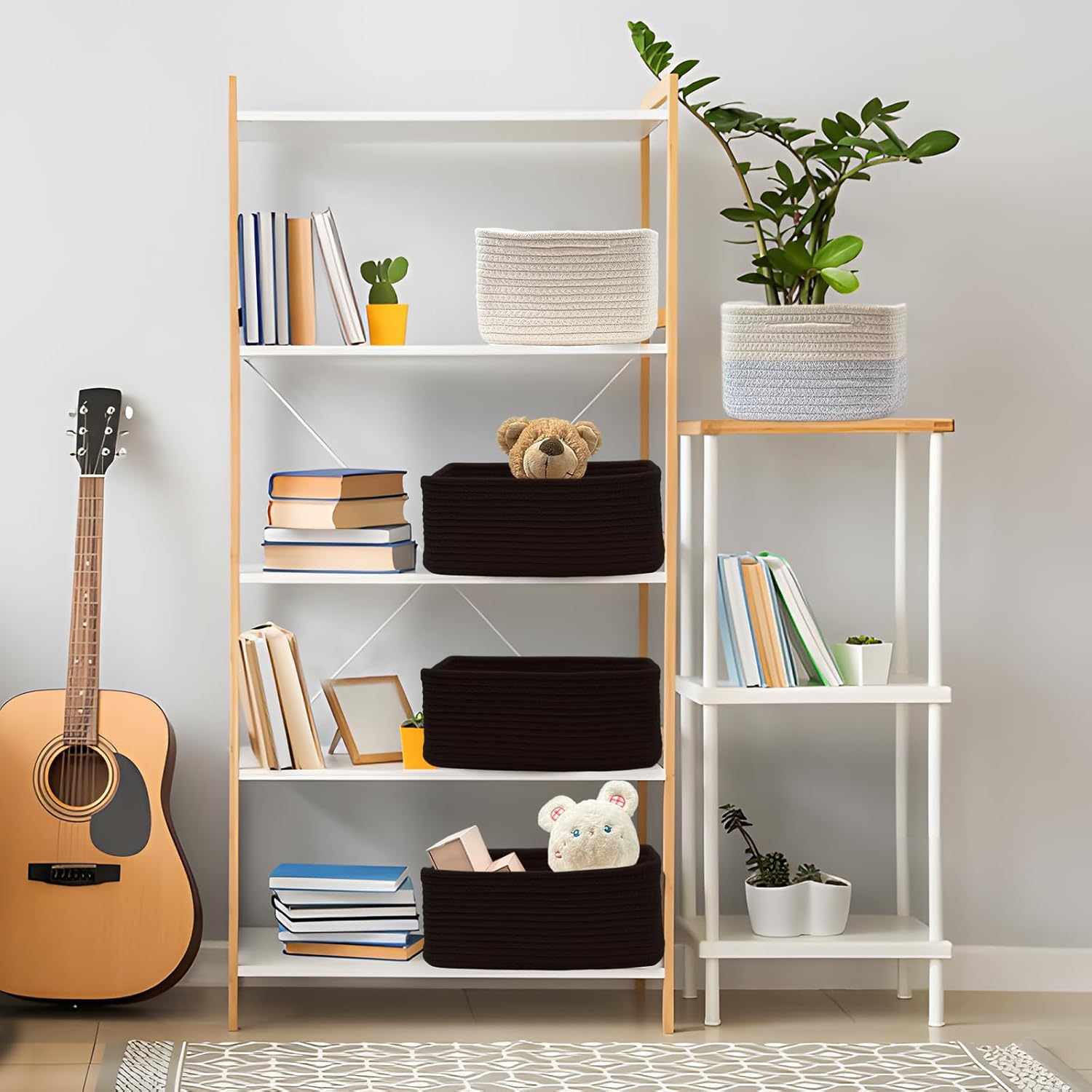 COMFY-HOMI 13" x 8.5" x 5.1" Storage Baskets for Organizing | Cotton Rope Woven Basket | Toy Storage Bin Box | Basket for Shelves, Closet Organizer Bin, Decorative Closet Shelf, 3 Pack, All Black