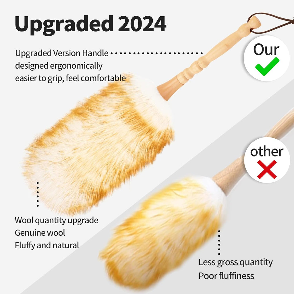 Lambswool Duster with Solid Wooden Handle,Leather Hang Strap,Comfortable Grips 19.6 inch Long Natural Feathers Dusters for Cleaning Wall Plant Desk Blind Cleaner Duster Tool