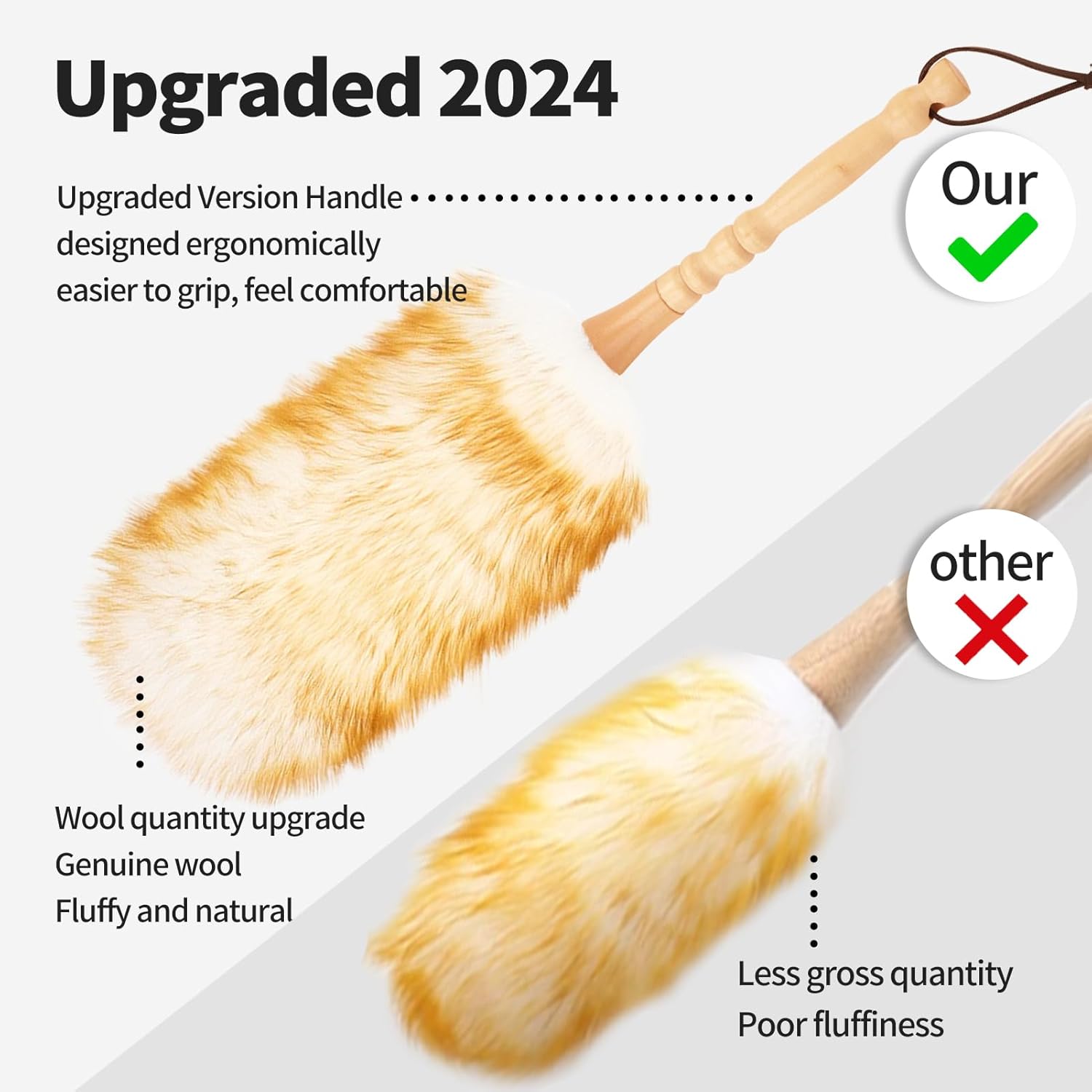 Lambswool Duster with Solid Wooden Handle,Leather Hang Strap,Comfortable Grips 19.6 inch Long Natural Feathers Dusters for Cleaning Wall Plant Desk Blind Cleaner Duster Tool