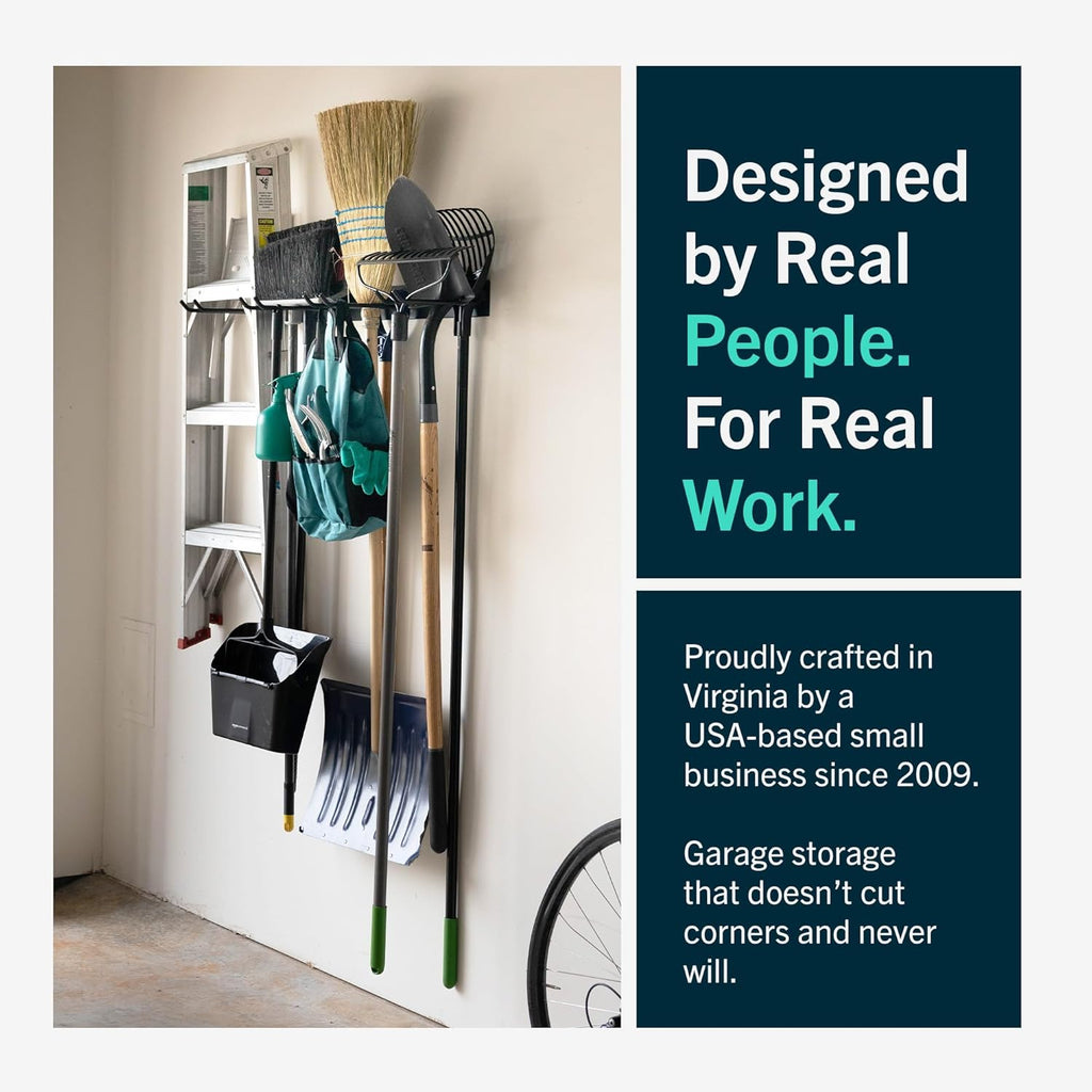 StoreYourBoard Wall-Mounted Rack With 4 Garage Hooks – Heavy-Duty Steel Holder Garage & Garden Storage for Shed, Workshop, or Home Organization – For Rakes, Shovels, Tools & More – 2 Pack, Gray