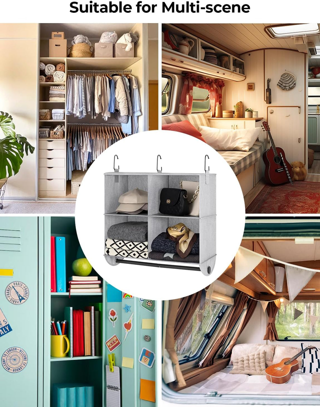 StorageWorks Hanging Closet Organizer with Metal Rod, 4-Section Closet Organizers and Storage, Collapsible Hanging Shelves for Closet, Bedroom, Kids Dorm Room, RV Camper, Gray and White