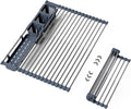 Expandable Over Sink Dish Drying Rack, Large Roll Up Dish Drying Rack with 2 Storage Baskets, Rolling Drain Mats for Kitchen Sink Counter, BPA-Free(12-22 * 15.3'', Blue)