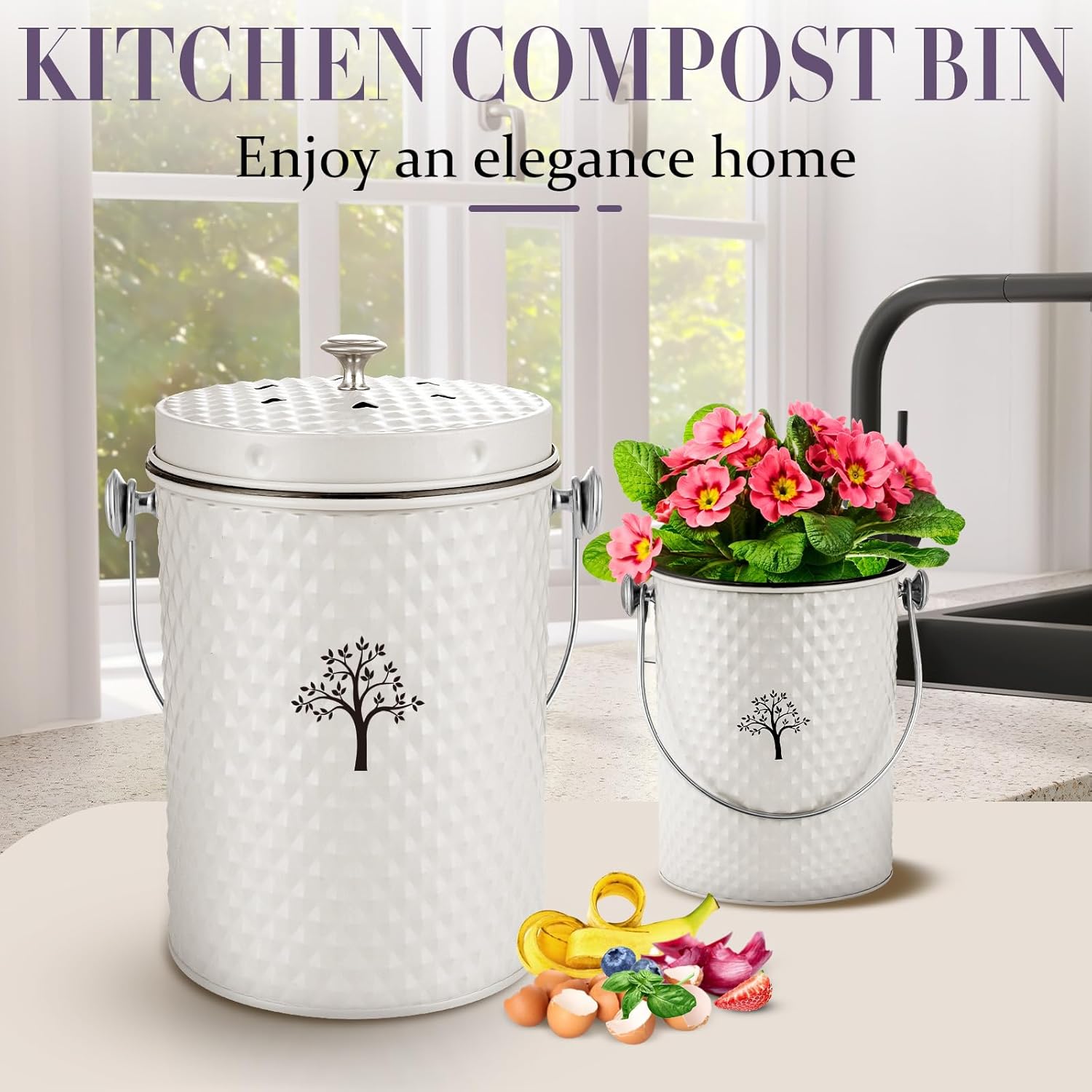AOSION Countertop Compost Bin Kitchen,Odorless Indoor Compost Bin with Lid and Compost Bags,Compost Bucket Composter Container for Food Waste,Creamy White