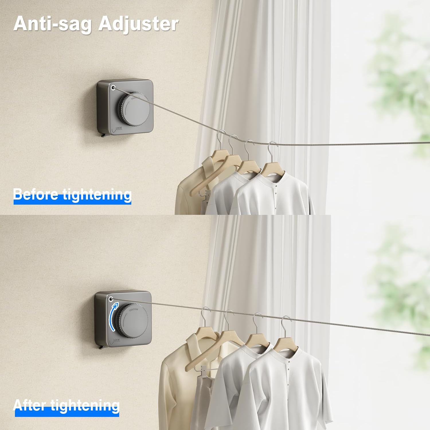 Retractable Clothesline Indoor, Non-Sagging Outdoor Clothes Line Retracting Heavy Duty Clothes Drying Laundry Line Wall Mounted Stainless Steel Line-15.1 Feets(Square-Gray)