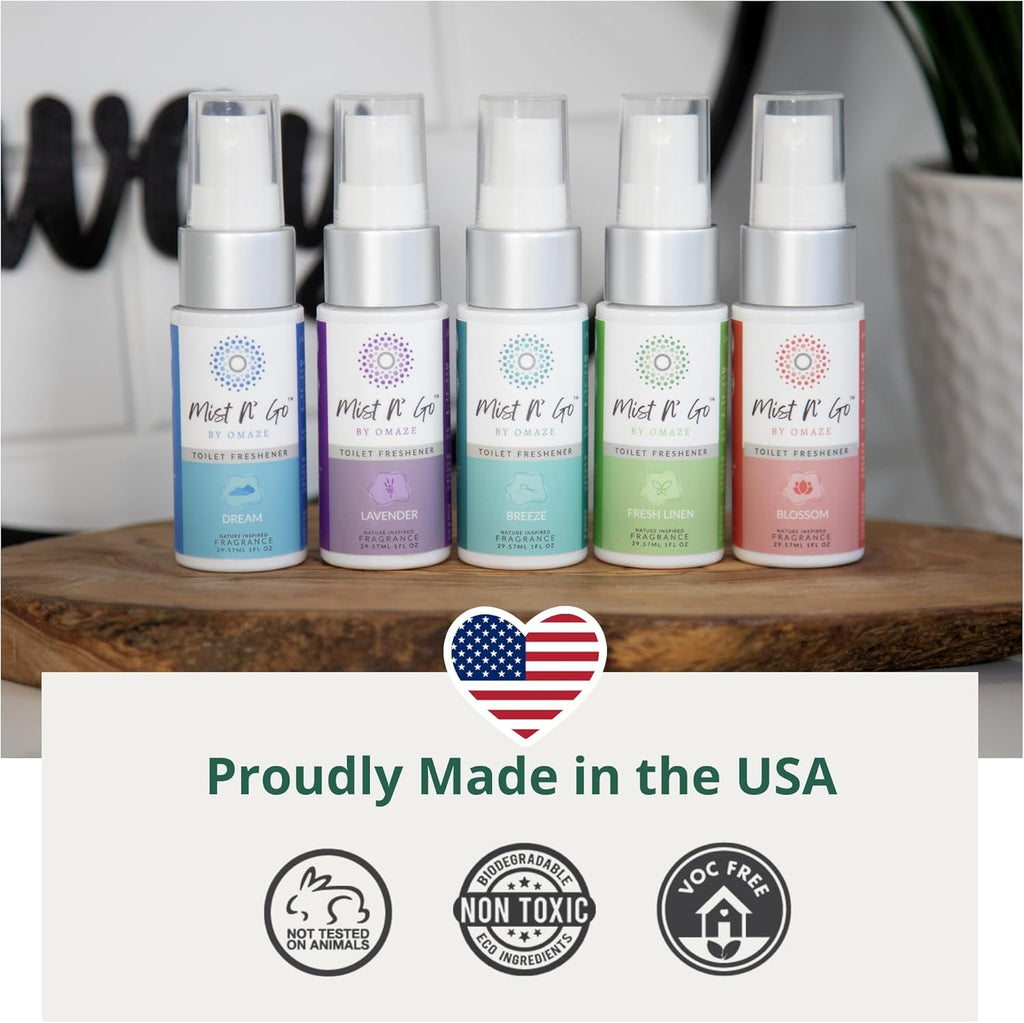 Mist N’ Go by Omaze Travel Bathroom Spray for Toilet Spray Odor Eliminator - Travel Toilet Spray for Bathroom Air Freshener Spray for Bathroom Deodorizer - Blossom Travel Size (1oz x5)