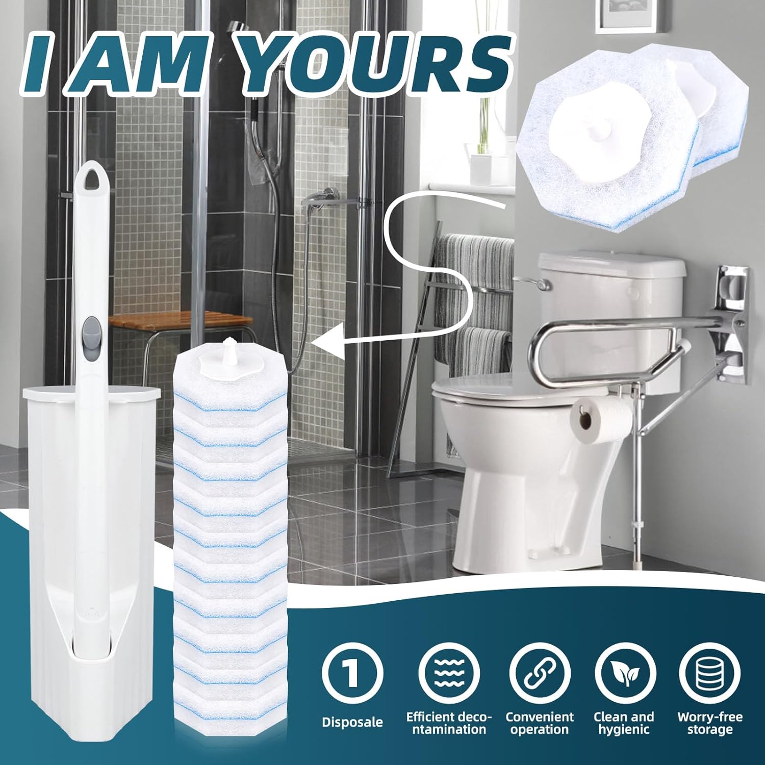 RLOW Disposable Toilet Brush Set with 20 Refills, Toilet Bowl Brush and Holder Disposable Toilet Cleaning System- Toilet Brush, Storage Caddy and 20 Refill Heads for Bathroom Cleaning