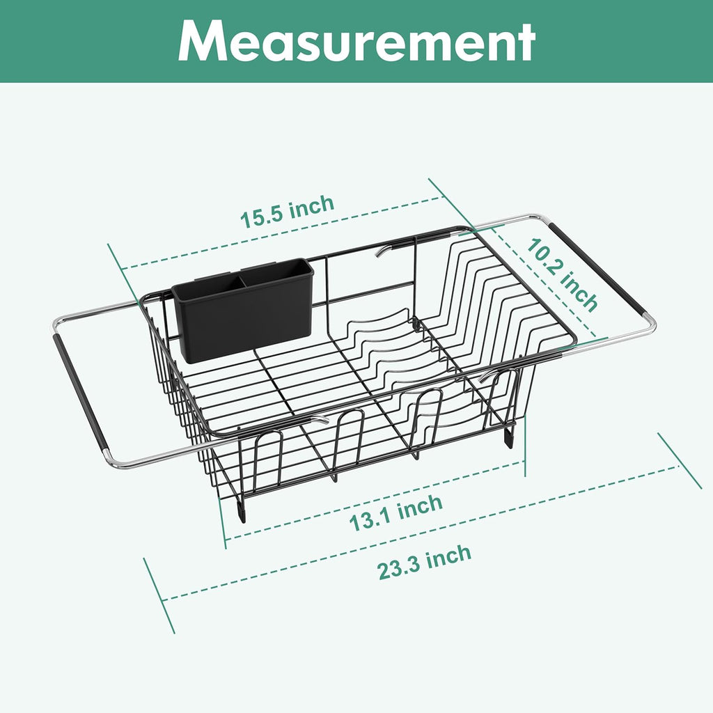 Over the Sink Expandable Dish Drainer Drying Rack In Stainless Steel for Small Kitchen, Counter Space Saving Modern Compact Metal Above Plate Dryer Strainer, Adjustable Hanging Inside Drain Holder