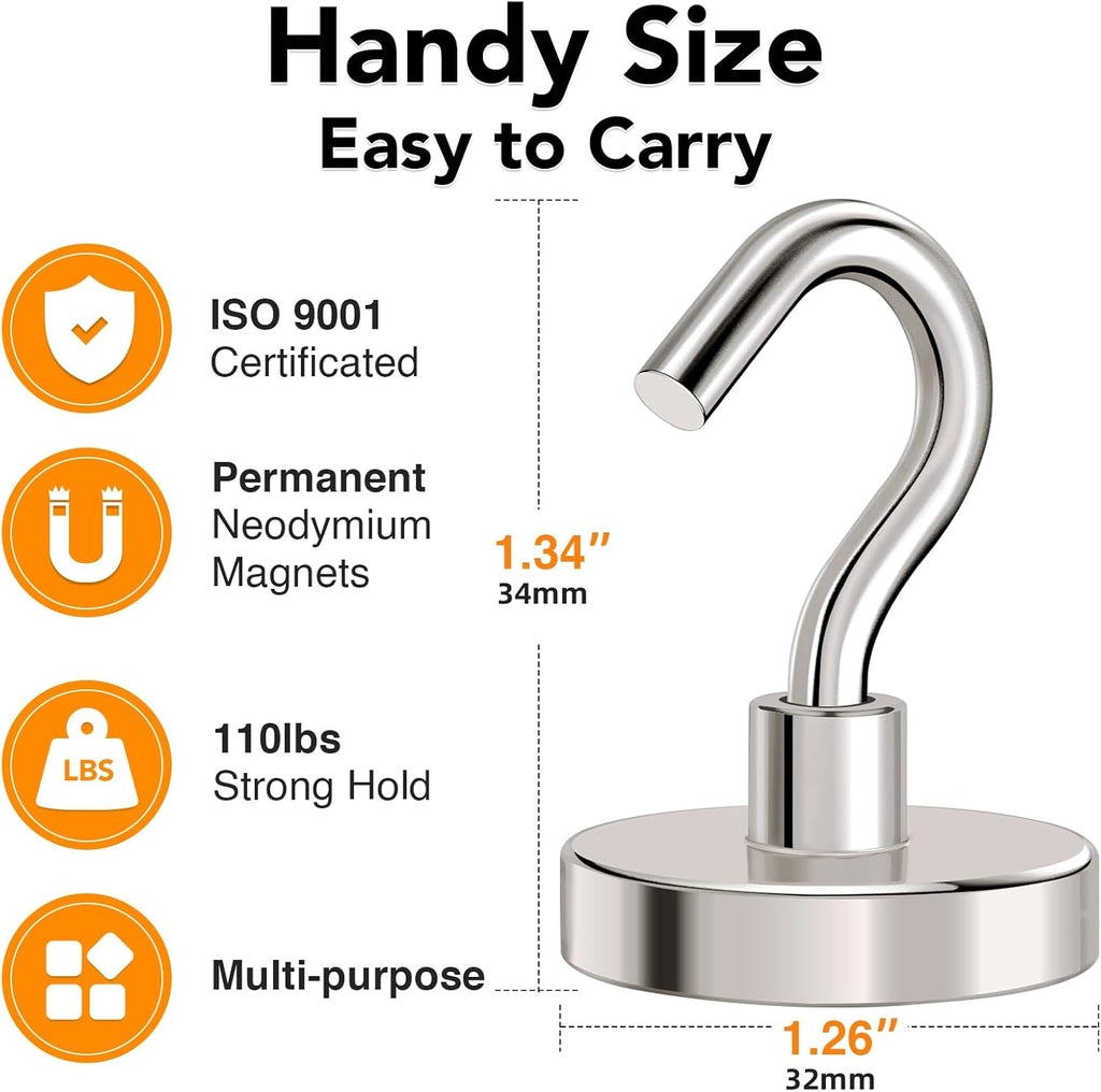 MIKEDE Magnetic Hooks Heavy Duty,110LB+ Strong Magnet with Hook, Super Neodymium Cruise Hooks, Locker Organizer Industrial Hooks for Hanging, Magnetic Hanger for Cruise, Grill - 8 Pack