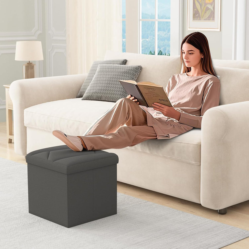 Folding Storage Ottoman Bench, 15 Inches End of Bed Bench, Folding Ottoman Storage for Bedroom, Entryway and Living Room, 15"x15"x15",Dark Gray