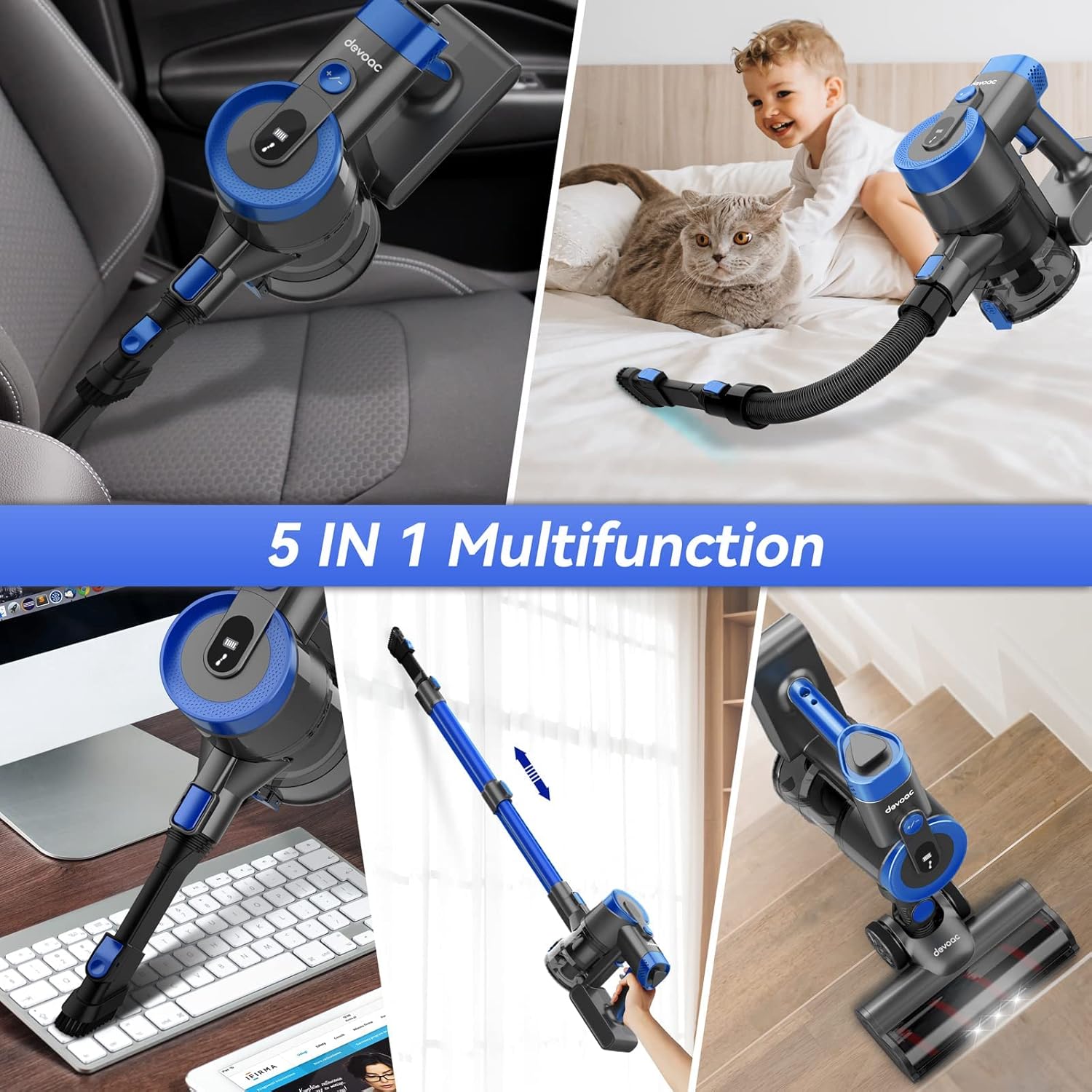 DEVOAC V90 Cordless Vacuum Cleaner, Up to 45mins Runtime, 40KPa Powerful Suction, 60dB Ultra Quiet, 6 in 1 Cordless Stick Vacuum Cleaner for Hard Floor, Carpet, Pet Hair(Blue)