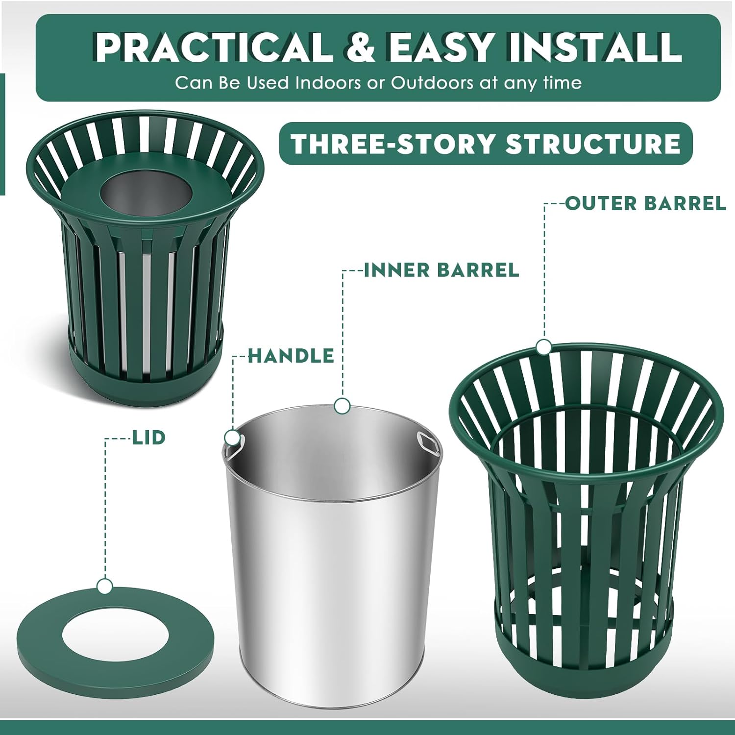 16Gallon/62L Commercial Outdoor & Indoor Metal Trash Can, Outdoor Slatted Trash Receptacle with Metal Linner, All Weather Resistant Large Outside Zone Round Garbage Bin for Street, Park, School-Green