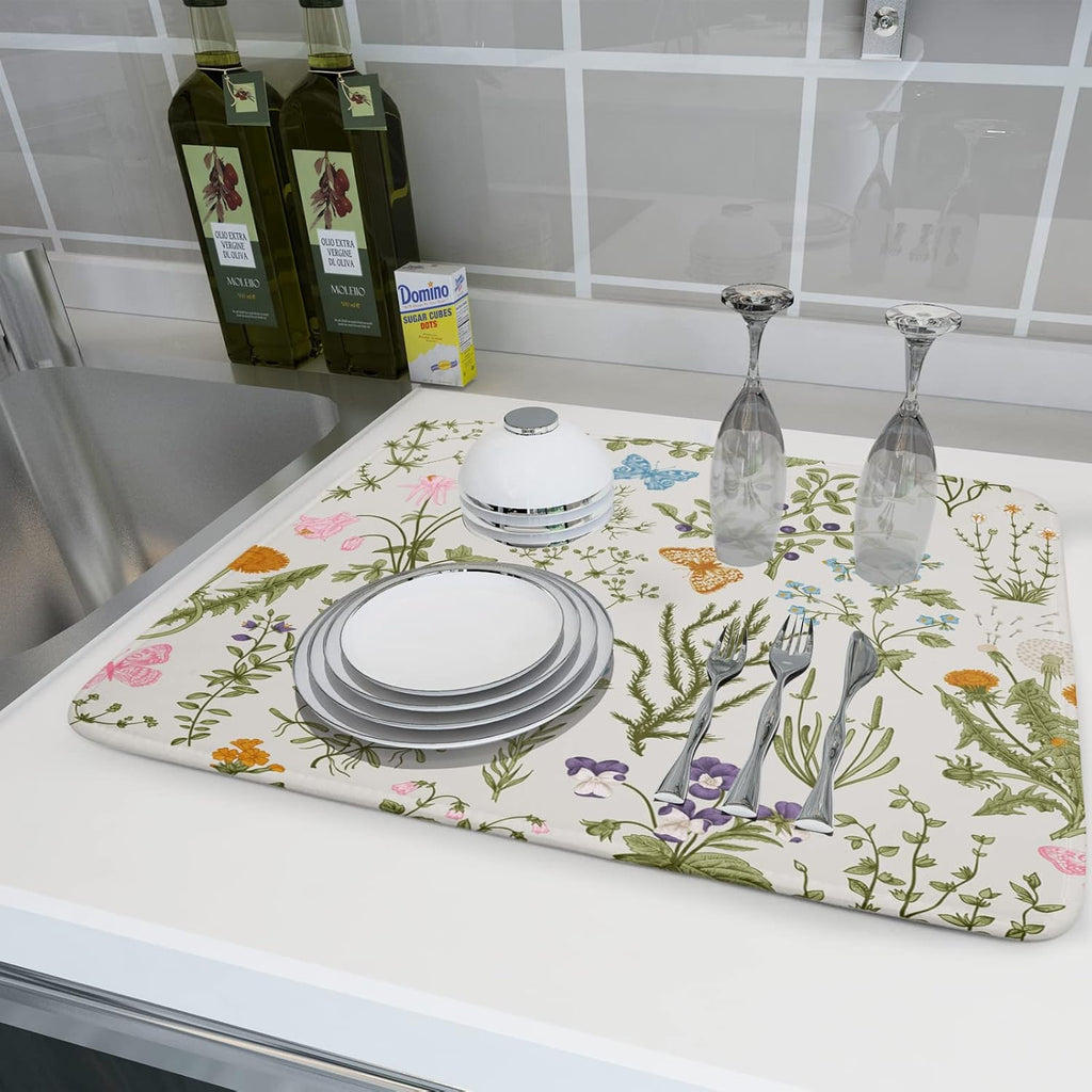 Wild Flowers Plant Dish Drying Mats for Kitchen Counter 16x18 Inch,Sage Herbs Kitchen Drying Mat,Botanical Plant Dishes Pad Dish Drainer Rack Mats Absorbent Fast Dry Kitchen Accessories