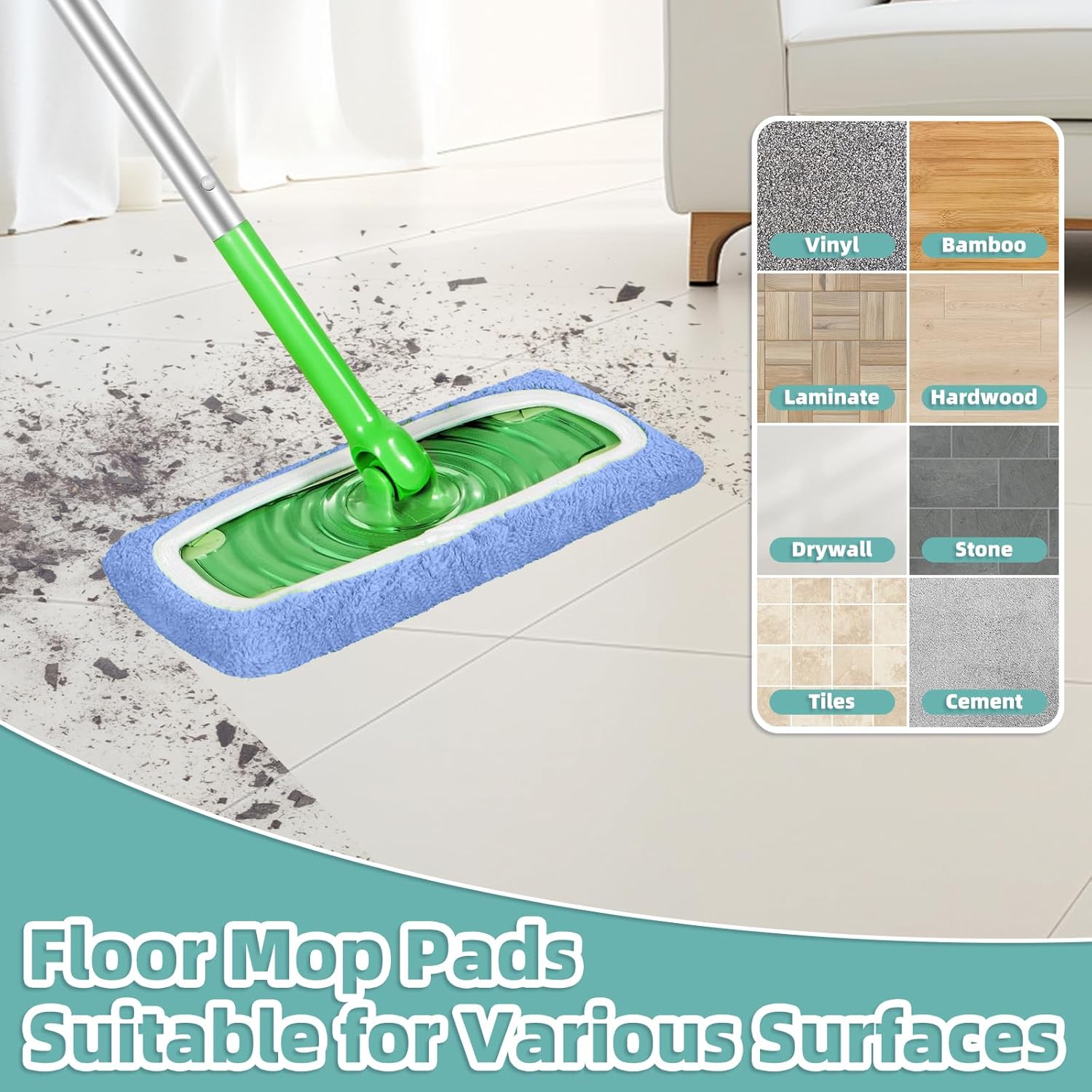 Reusable Mop Pads Compatible with Swiffer Sweeper Mop, Microfiber Dry Sweeping Cloths & Machine Washable Wet Pads Refill for Use on All Sealed Floors - Stone, Hardwood, Laminate & Tile (6 Blue)