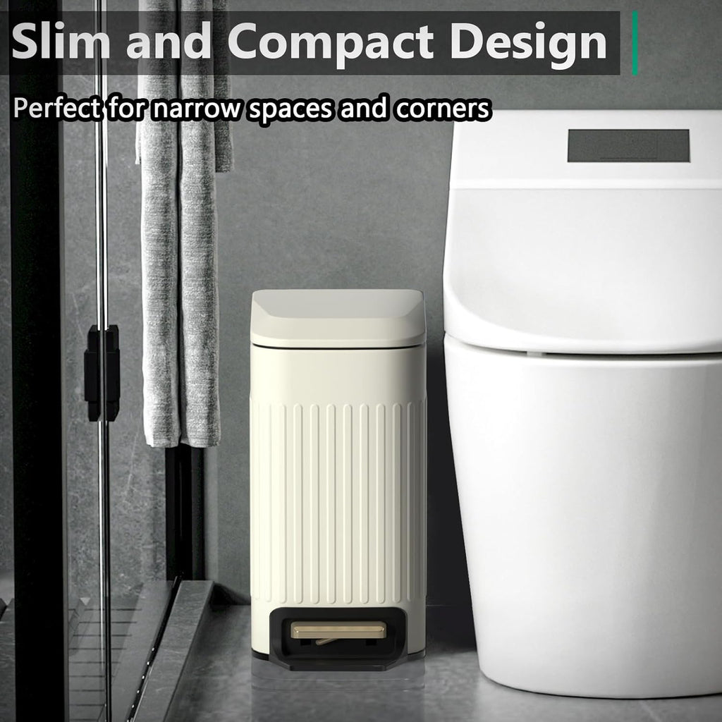 CEROELDA Small Bathroom Trash Can with Lid Soft Close-5L/1.3 Gal Slim Garbage Can-Metal Step Wastebasket-Rectangle Narrow Waste Bin for Office, Bedroom, Toilet, Live Room (Embossed-Beige)