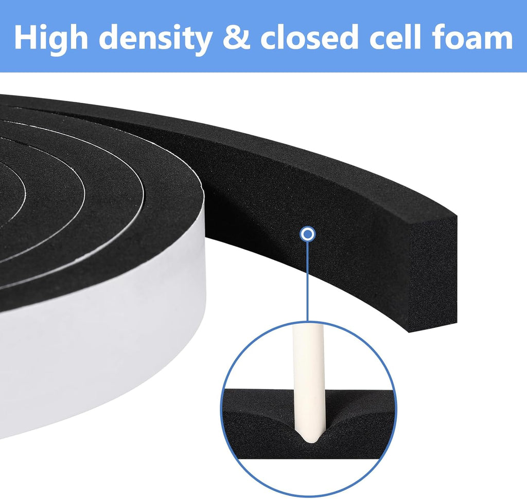 Weather Stripping Door Seal Strip- 1 Inch X 1/8 Inch X 26Feet, Strong Adhesive, Lightproof, Soundproof, Weatherproof Foam Tape Insulation for Sliding Door, Front Door Frame, Windows- Black
