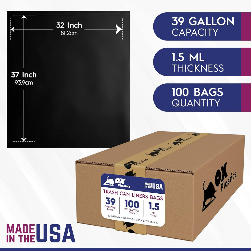 OX Plastics Black Trash Bags - Heavy Duty Garbage Bags, Extra Thick Unscented Large Trash Can Liners for Home, Outdoor, and Commercial Use - 39 Gallon, 100 Count