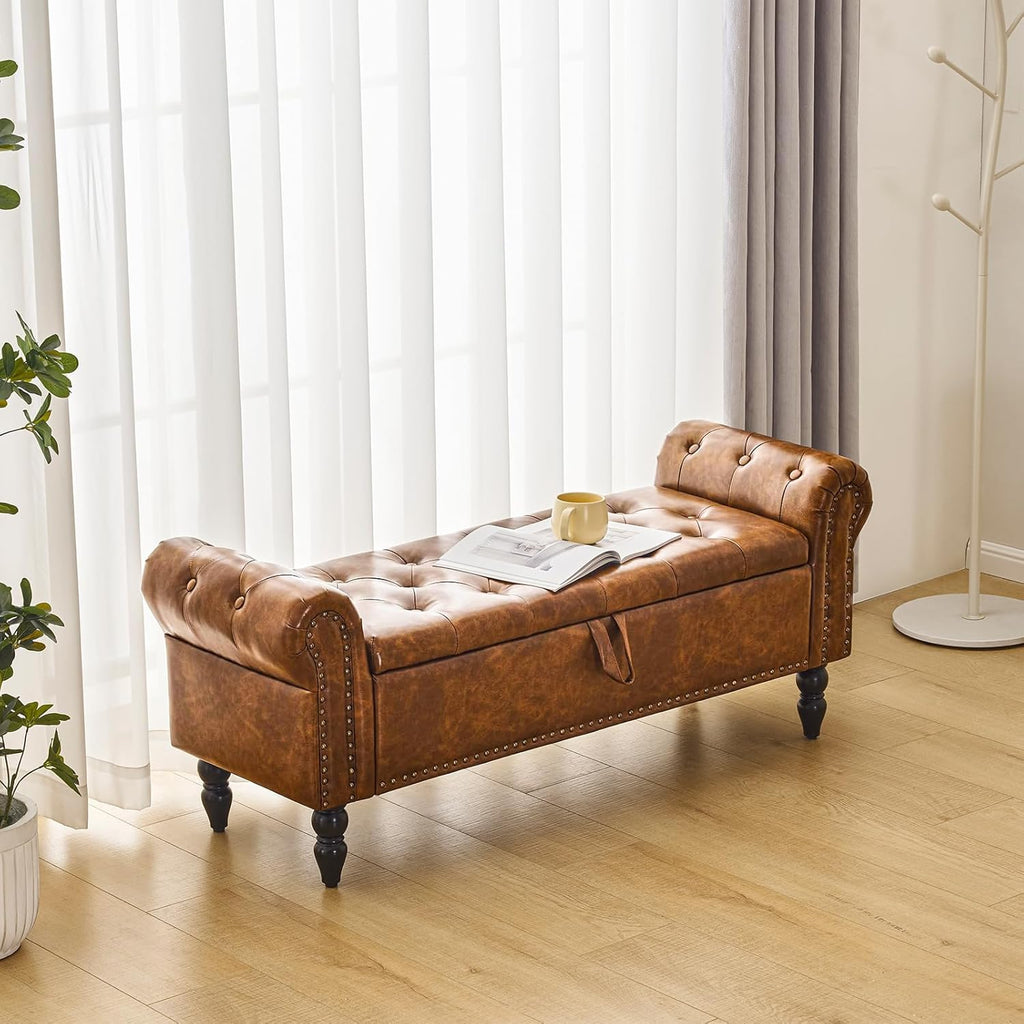 Furnimart Storage Bedroom Bench for End of Bed, Faux Leather Upholstered Storage Ottoman with Rolled Arms for Bedroom,Living Room, Entryway, 2.5Cubic Feet