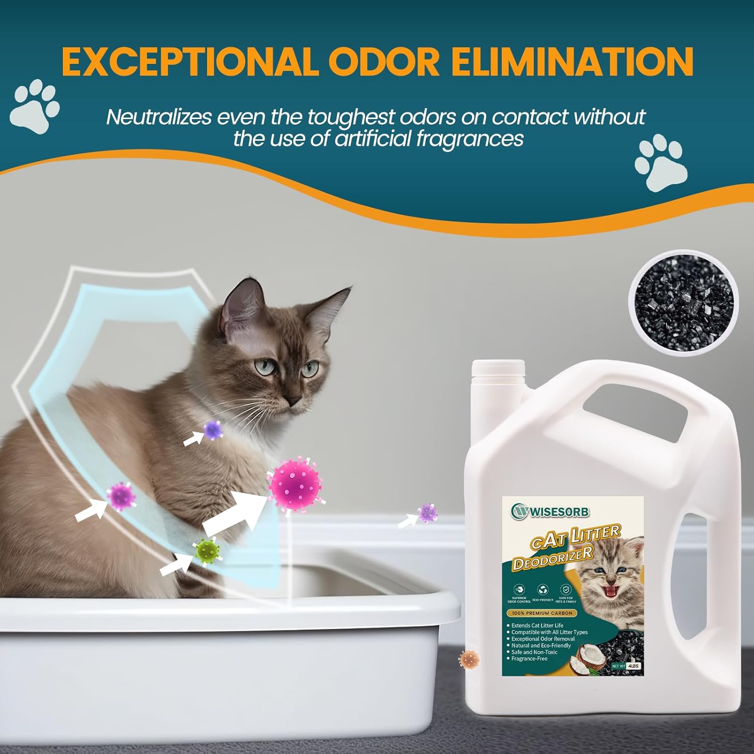 Cat Litter Deodorizer - 4Lb Activated Carbon Litter Box Odor Eliminator Absorber Unscented, Cat Litter Odor Control Room Deodorizer Solution for Homes with Pets