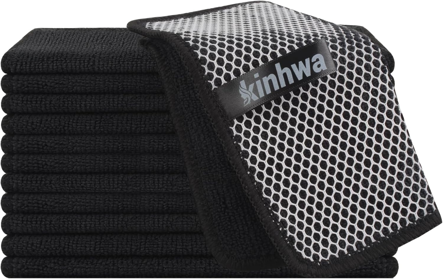 KinHwa Kitchen Washcloths for Dishes Absorbent Microfiber Dish Cloths Quick Dry Dish Rags with Poly Scour Scrub Side Ideal for Kitchen Cleaning (Black, 7inchx7inch 12 Pack)