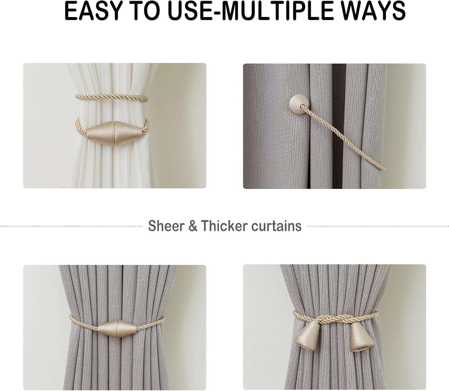 Magnetic Curtain Tiebacks 8 Pack Outdoor Rope Curtain Tie Backs Decorative Window Treatment Holdbacks for Home Decorative Curtain, Beige
