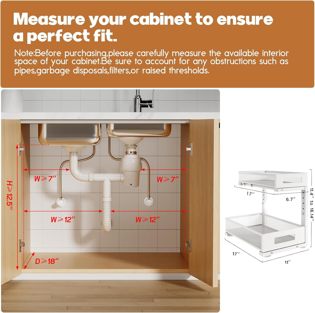 2 Pack 17IN Depth Under Sink Storage Organizer, Large 2-Tier Elegant Mesh Pull Out Shelf for Kitchen and Bathroom Cabinet Organization, L-Shaped and Adjustable Height Design-White