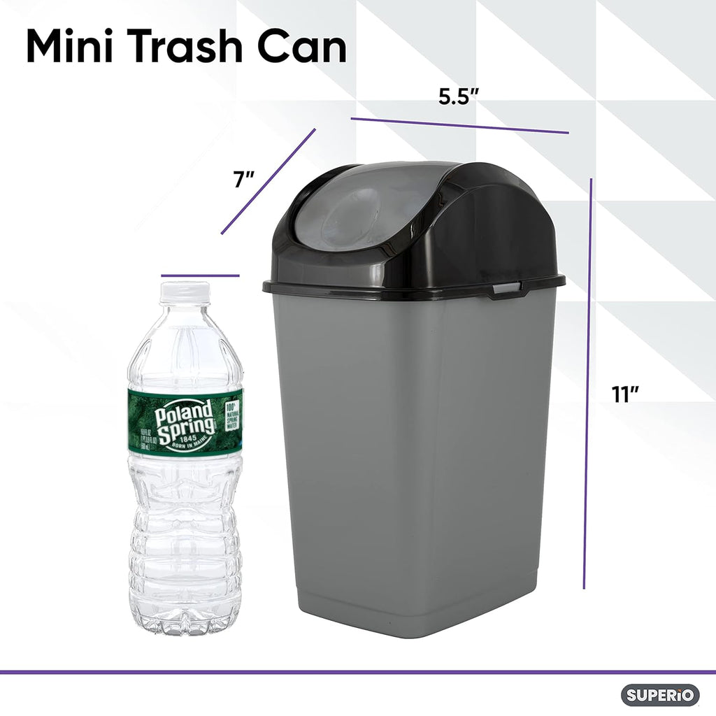 Superio Mini Plastic Trash Can with Swing Top Lid 1.25 Gallon Compact Small Waste Bin Portable Garbage Can for Countertop, Desktop, Make up Vanity, Bathroom, Car, Under Sink, Dorm 5 Qt (Grey/Black, 2)