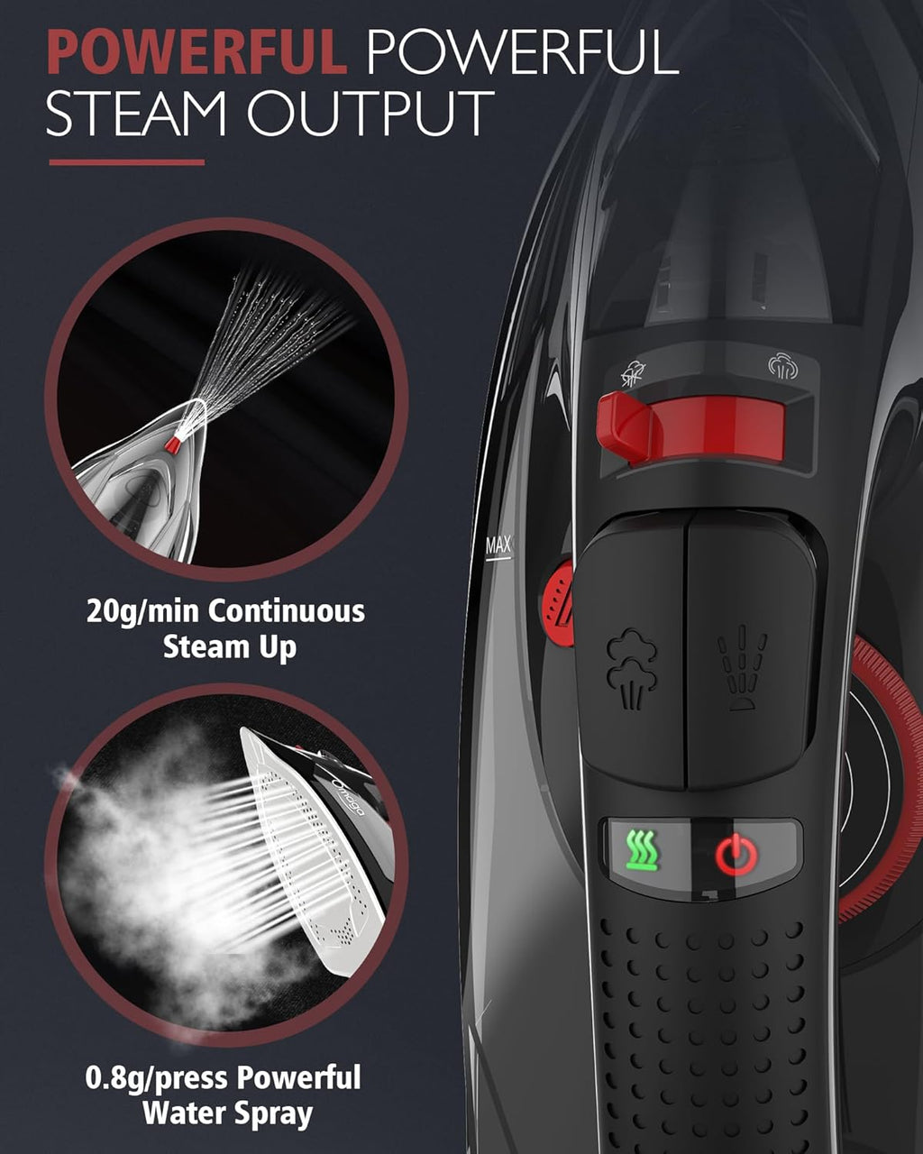 Cordless Iron for Clothes, 1500W Steam Iron Rapid Heating, Ceramic Soleplate, Auto Shut Off, Self-Clean, Anti-Calc, 3 Temperature Settings, 11.84oz Water Tank Ironing Clothes for Home, Black
