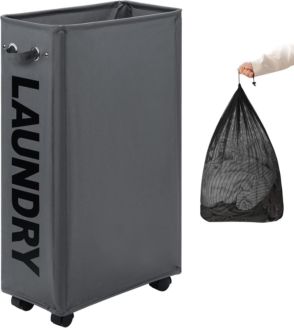 DOKEHOM 29-Inches Enlarged Slim Laundry Basket with Removable Wash Bag on Wheels, Collapsible Rolling Laundry Hamper, Foldable Narrow Corner Clothes Storage Bins (Dark Grey)
