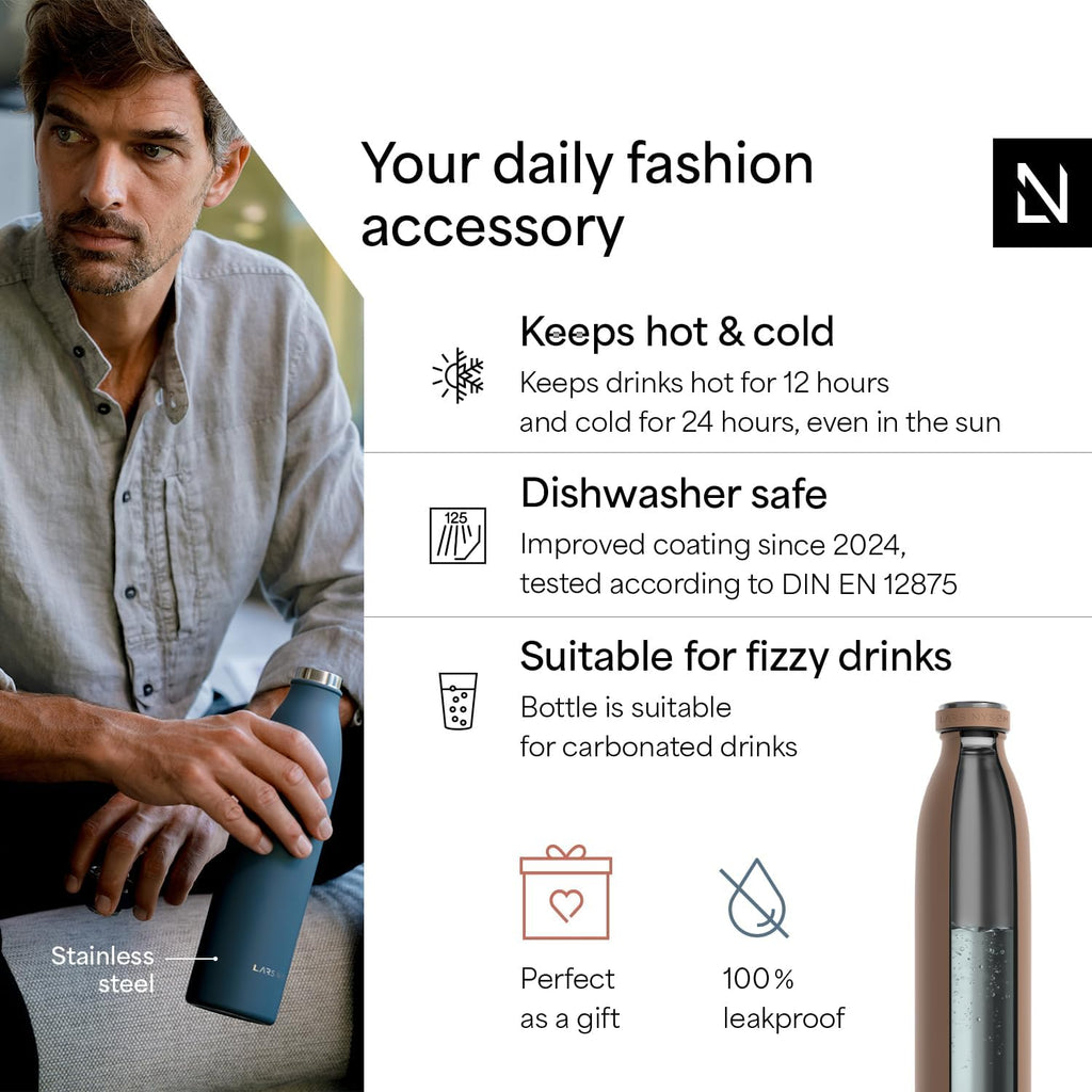 LARS NYSØM Stainless Steel Insulated Water Bottle 12oz 17oz 25oz 34oz 51oz | Insulated Thermo Flask for Hot and Cold Beverages | Leakproof Drinking Bottle (Mocha Brown, 33.9 oz)
